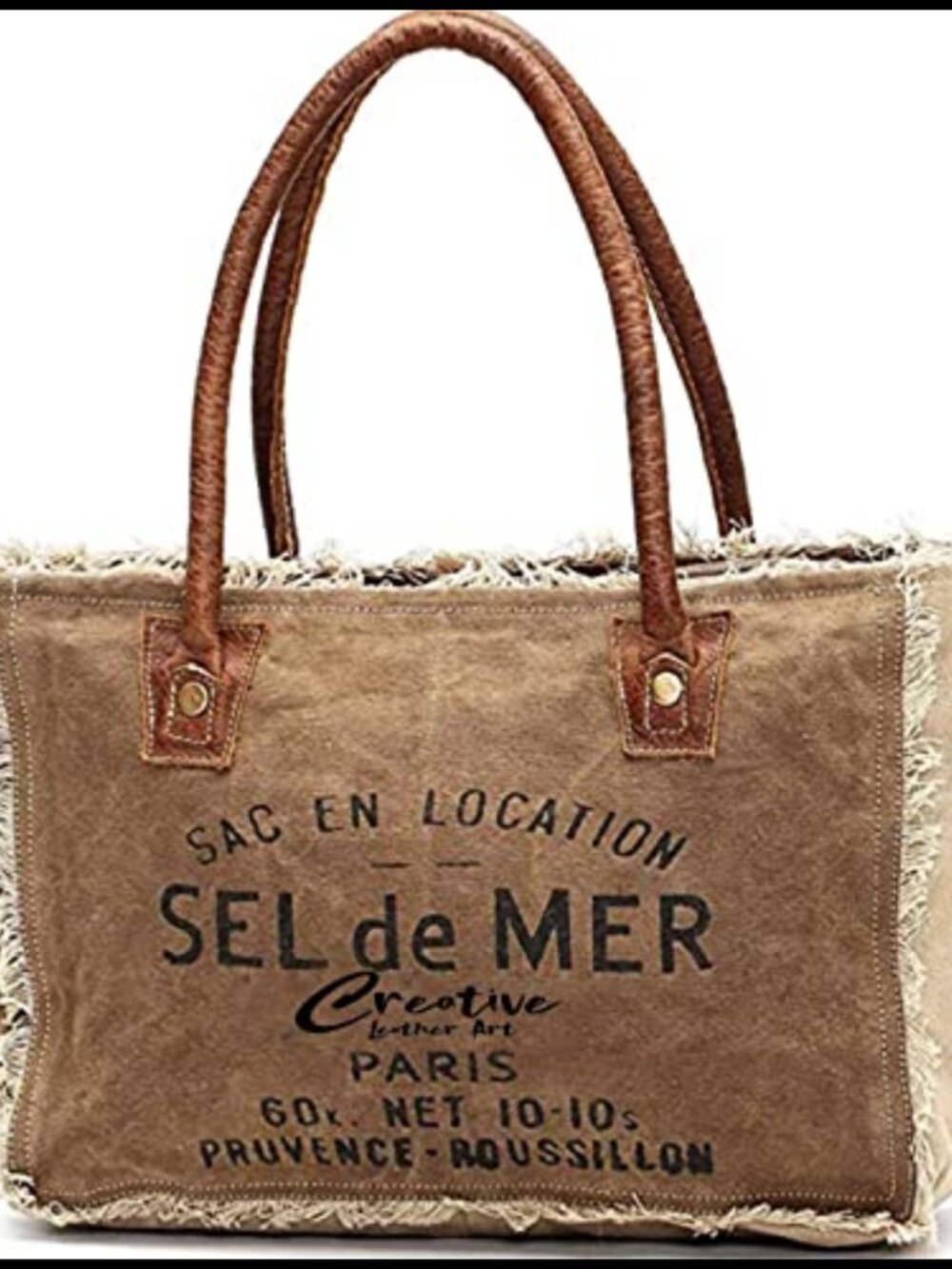 Upcycled Canvas Tote Bag Genuine Leather Handles Vintage French Print